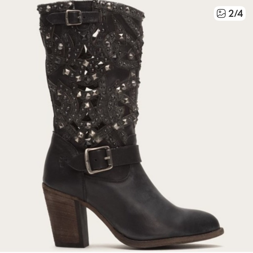 Frye Ilana Deco Black Hand-Studded Metal Embellished Western Boot - Picture 3 of 12